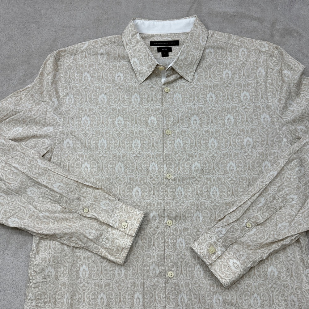 John Varvatos Button Down Shirt Mens Large Tan Paisley Luxe Long Sleeve Preppy - Picture 2 of 7